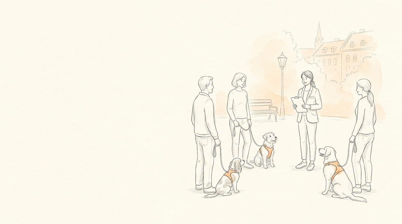 Gruppenkurs der Hundeschule Willenskraft in Wien — Training an einem Treffpunkt in den Innenbezirken (Illustration)